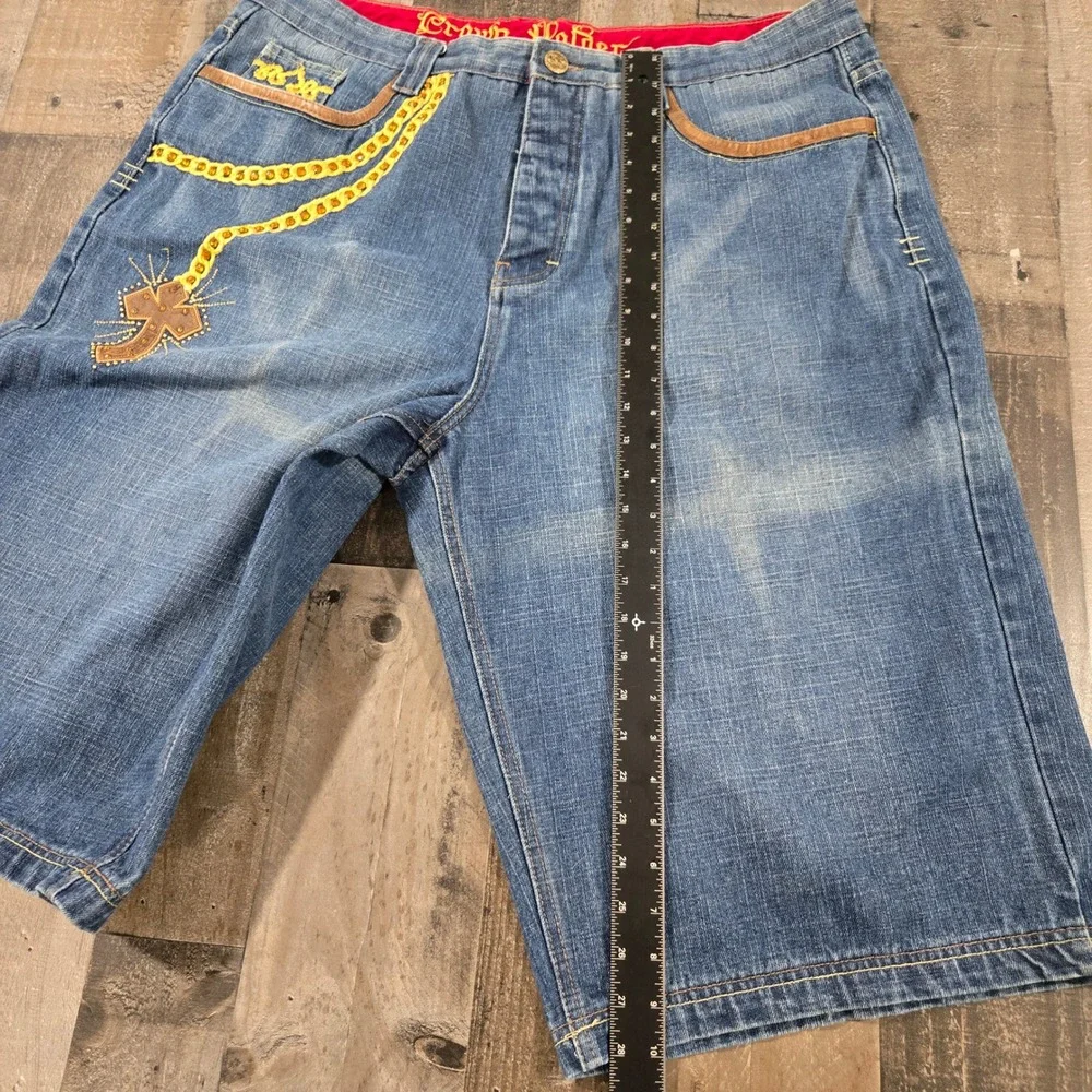 Crown Holder Vintage Y2K Baggy Denim Shorts Embroidered Rosary Crucifix Jorts 42